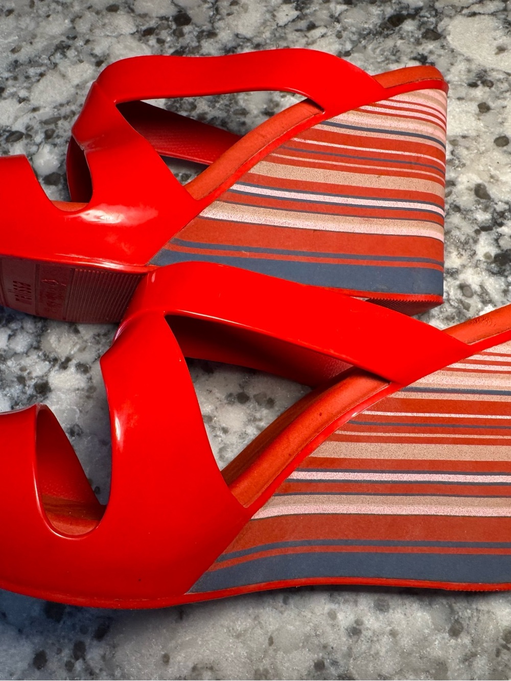 Melissa Red PVC Strappy Wedge Sandals with Striped Platform - Picture 2 of 9